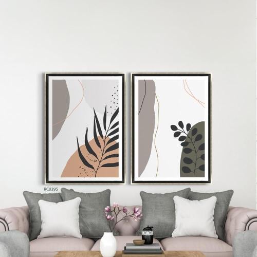 لوحة جدارية كانفس ورق شجر مع اشكال تدرجات الابيض م...