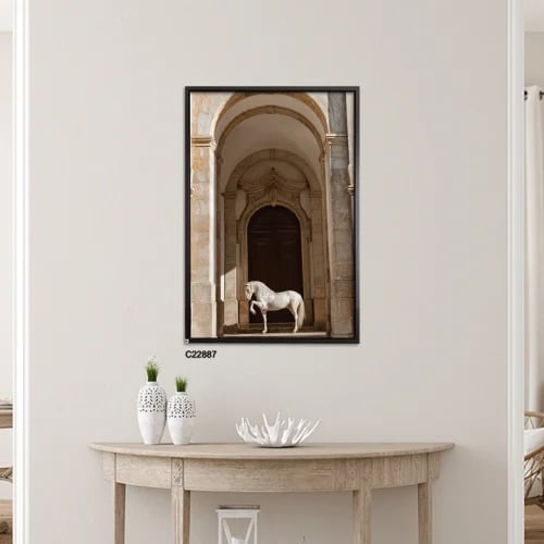 A long canvas mural in a classical design depicting a white horse in front of the gate of an ancient palace.