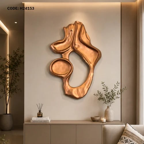 A modern wall masterpiece with a sculpted design in luxurious copper.