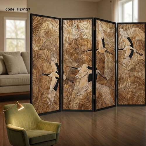 A wooden partition/space divider printed with a tr...