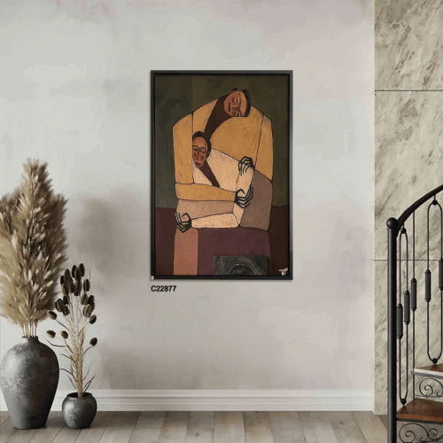 A canvas wall painting with an expressionist, cubist design depicting two people.