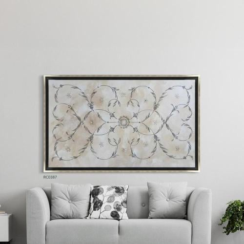 لوحة جدارية كانفس ورد وزخارف تدرجات الرمادي والبيج