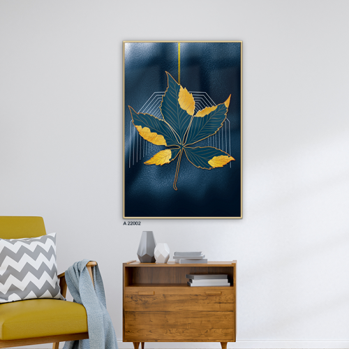 لوحة جدارية أكريليك تصور أوراق شجر بألوان الذهبي و...
