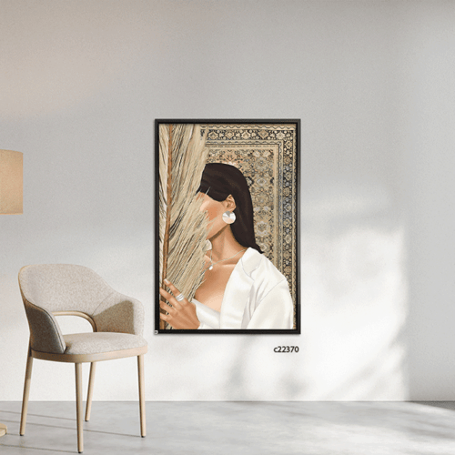 لوحة جدارية كانفس فتاة برداء أبيض بخلفية نقوش سجاد