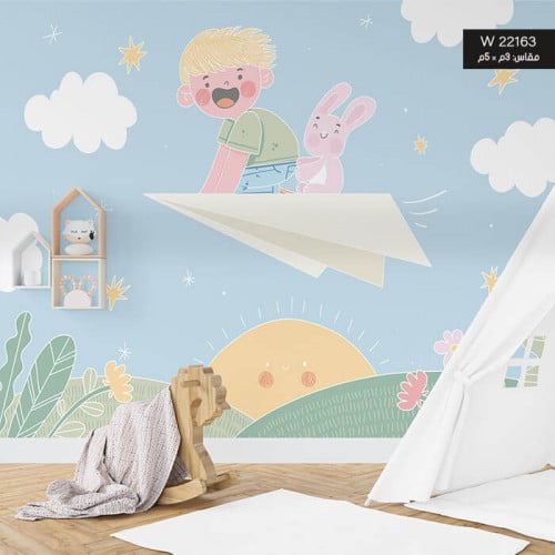 ورق حائط ، طائرة ورقية وطفل - تدرجات الأخضر الهادئ...