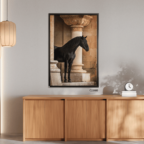 لوحة جدارية كانفس تصور خيل يقف داخل قلعة بتدرجات ا...