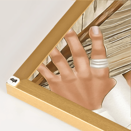 لوحة جدارية كانفس فتاة برداء أبيض بخلفية نقوش سجاد