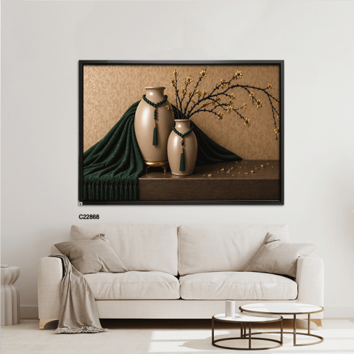 A classic-style canvas wall art piece featuring vases and golden branches in a modern design.