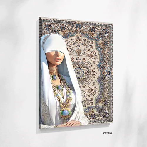 لوحة جدارية كانفس فتاة بخلفية نقوش سجاد تدرجات ازر...