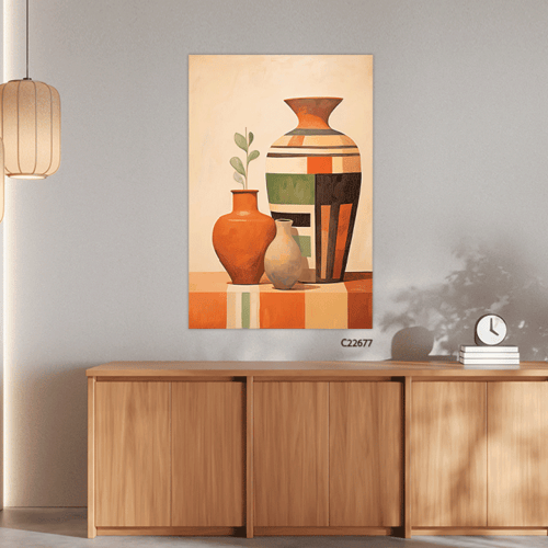 لوحة جدارية تصور مزهريات ملونة بتدرجات دافئة