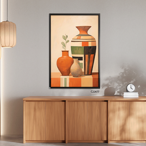 لوحة جدارية تصور مزهريات ملونة بتدرجات دافئة