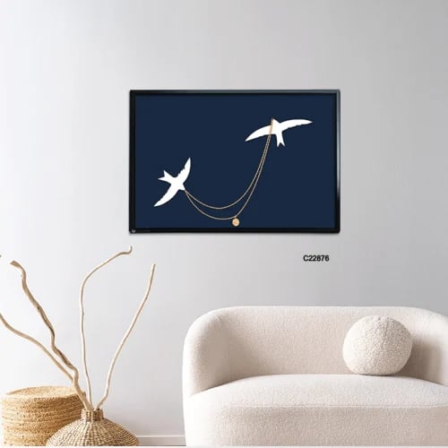 A modern surrealist canvas wall painting of two soaring birds holding two golden necklaces
