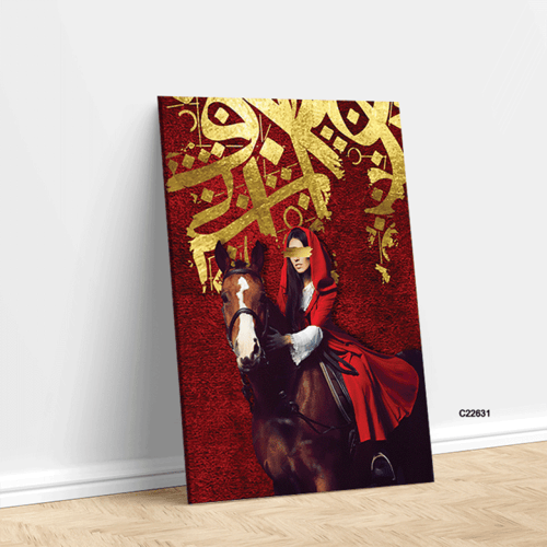 لوحة جدارية تصور فتاة برداء احمر تمتطي خيل