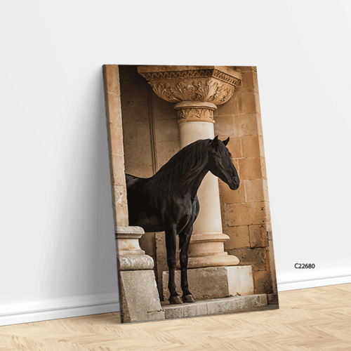 لوحة جدارية كانفس تصور خيل يقف داخل قلعة بتدرجات ا...