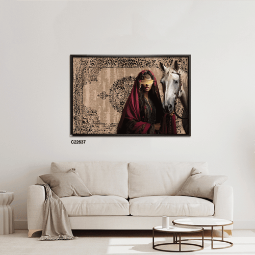 لوحة جدارية كانفس فتاة ممسكة بحصان ابيض