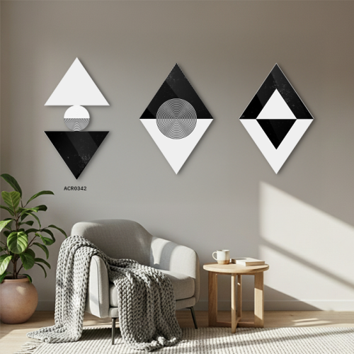 لوحة جدارية اكريليك معينات مقسمة تدرجات الأسود وال...