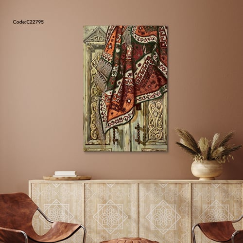 لوحة جدارية كانفس تصور باب قديم تدلى منه قطعة قماش