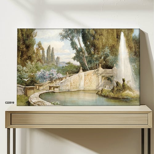 لوحة جدارية تصور جزءاً من حديقة تدرجات الاخضر والب...