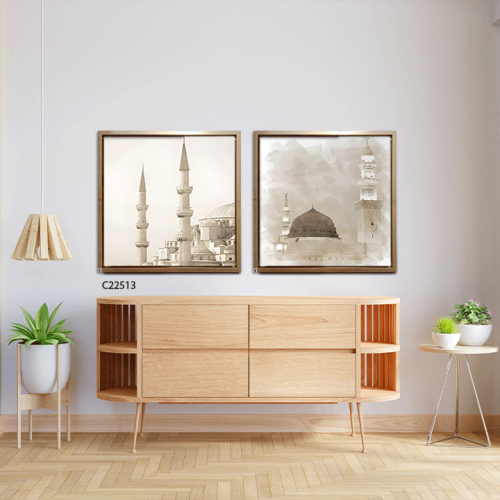 لوحة جدارية كانفس تصور معالم اسلامية بارزة قبب ومآ...