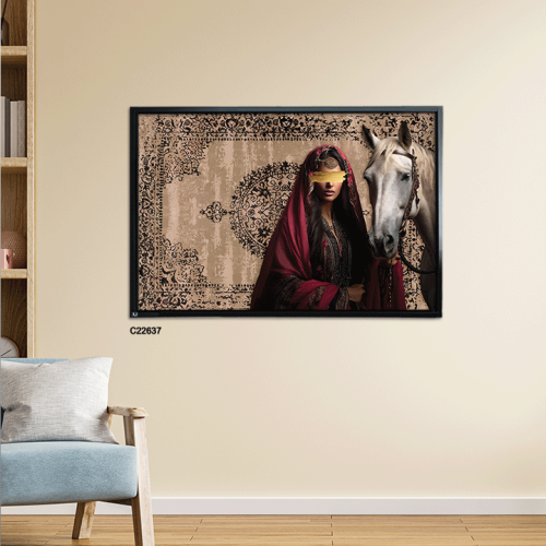 لوحة جدارية كانفس فتاة ممسكة بحصان ابيض