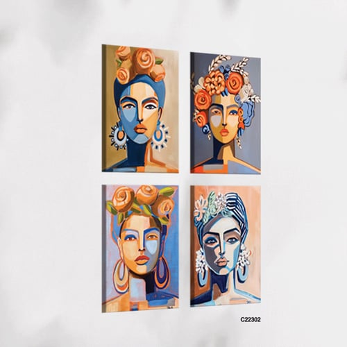 لوحة جدارية كانفس مقسمة وجوه نساء تدرجات الازرق وا...