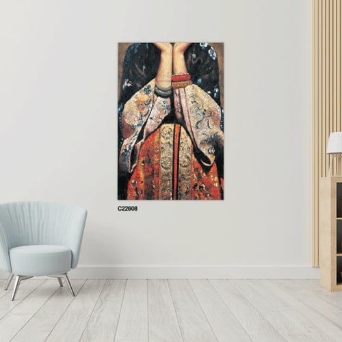 لوحة جدارية كانفس تجسد فتاة متكئة بتدرجات البيج وا...