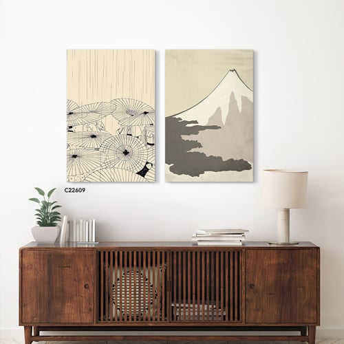 لوحة جدارية كانفس تجسد جبل الفوجي ومظلات تقليدية و...