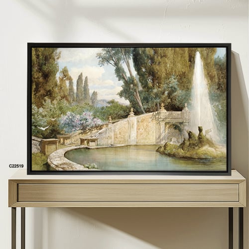 لوحة جدارية تصور جزءاً من حديقة تدرجات الاخضر والب...