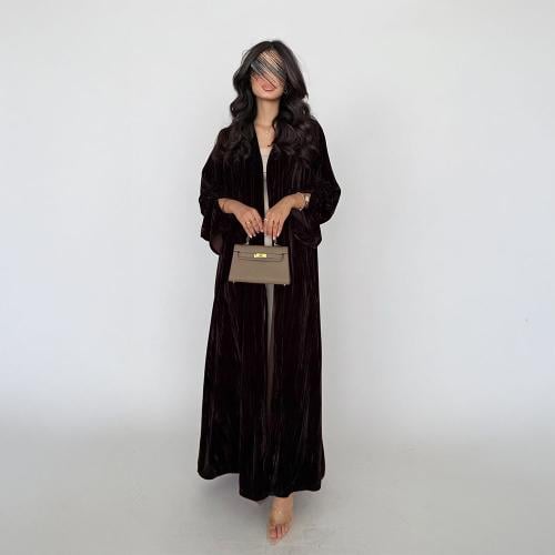 عباية مخمل مكسر بني نص كلوش عملي