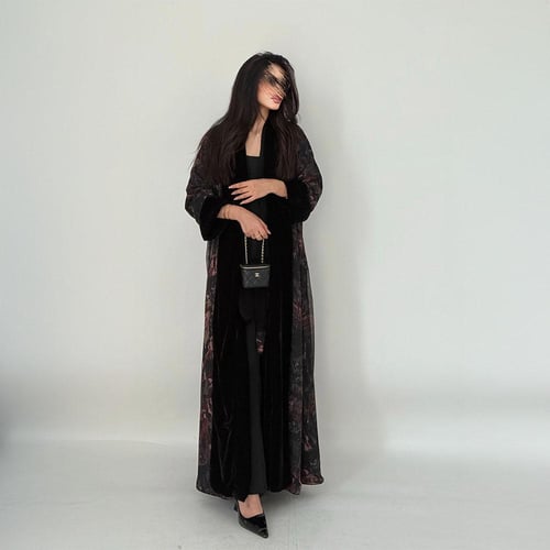 عباية دبل فيس شيفون نقشة بني شتوي