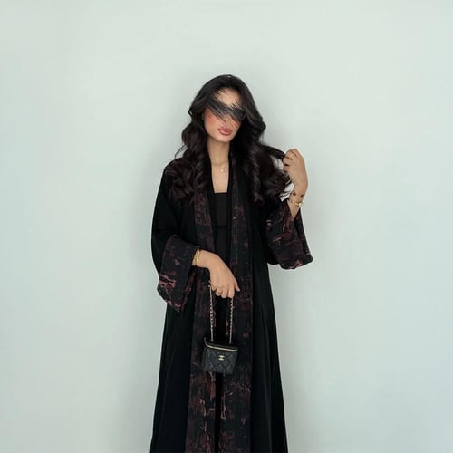 عباية دبل فيس شيفون نقشة بني شتوي