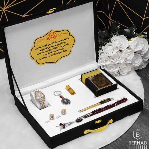 طقم ساعة بوكس رجالي مصحف وقلم تصميم عبارة حسب الطل...