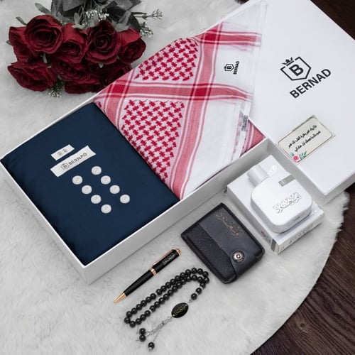 طقم هدايا رجالي قماش للعيد شماغ احمر مميز موديل AL...