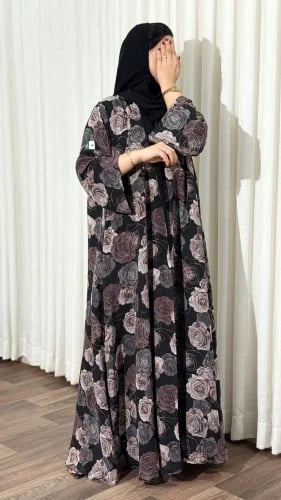 Chiffon abaya, embroidered, maroon - ORA 214