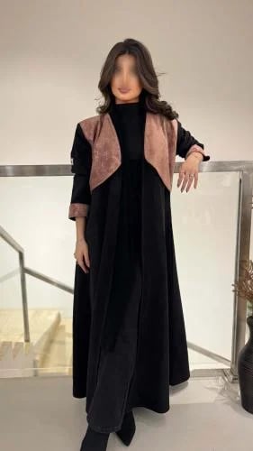 Chamois fabric abaya with velvet inserts, plaid ORa 169