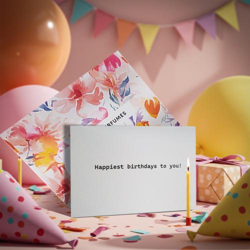 بطاقة إهداء مع عبارة " !Happiest birthdays to you"