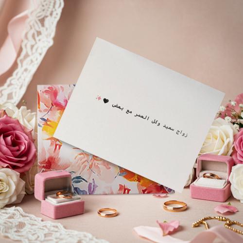 بطاقة إهداء مع عبارة " زواج سعيد وكل العمر مع بعض"