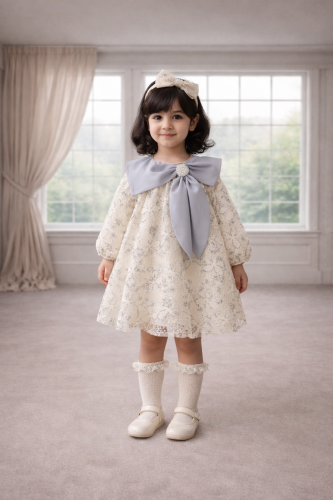 فستان سكري مع ياقه رمادي