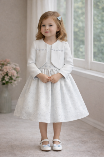 فستان سماوي فاتح مطرز ببلورات مع جاكت وشنطة