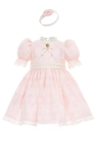 فستان وردي فرنسي للمواليد مع ربطة شعر ( يستغرق الط...