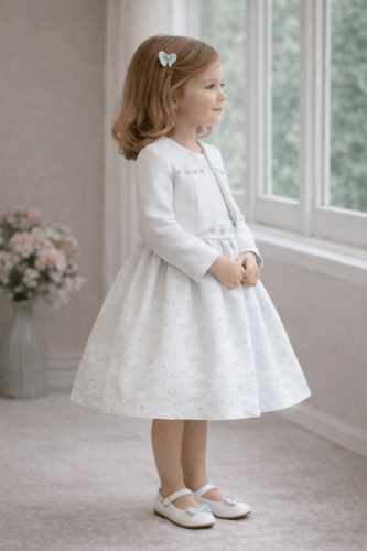 فستان سماوي فاتح مطرز ببلورات مع جاكت وشنطة