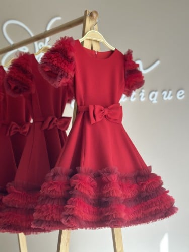 فستان احمر انيق 6-10 سنوات مع شنطة وطوق