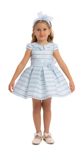 فستان مواليد سماوي مع ربطة شعر (٦ الى ٢٤ شهر )