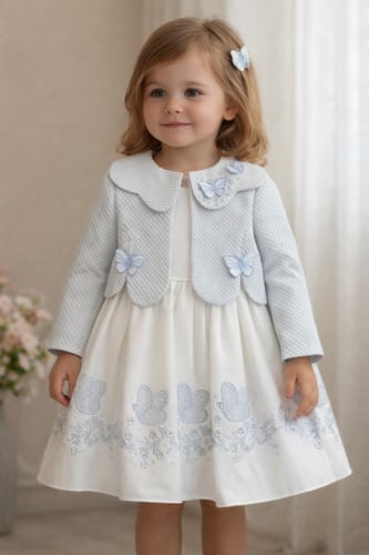 فستان ابيض مع تطريز سماوي ( جاكت سماوي شتوي )