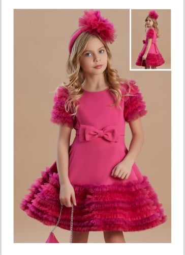 فستان فوشي (٦-١٠) سنوات شامل الشنطة والطوق