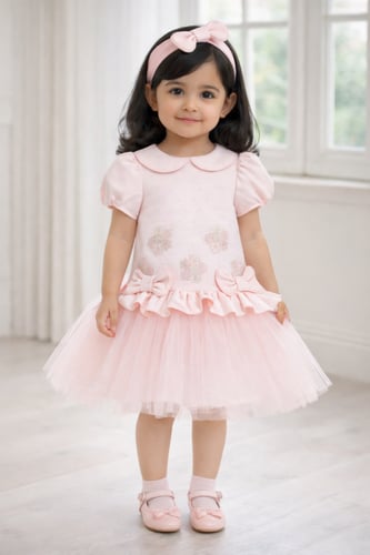 فستان وردي بكشكشة تل مع ربطة شعر