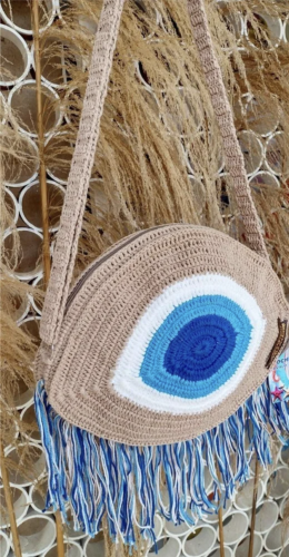 Eyes Crochet Bag - Beige, White, Light Blue, and N...