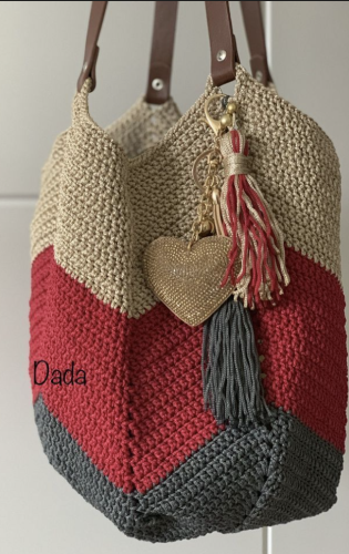 Rosie crochet bag - beige, red, and dark grey colo...