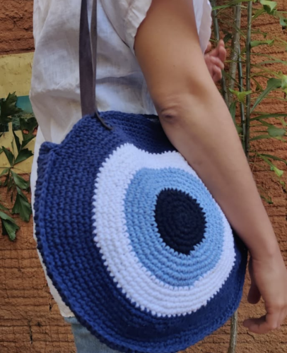Eyes Crochet Bag - Navy Blue, White, Light Blue, a...