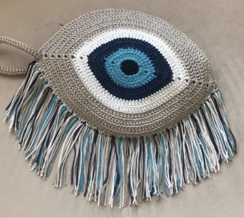 Eyes Crochet Bag - Light Grey, White, and Blue Col...